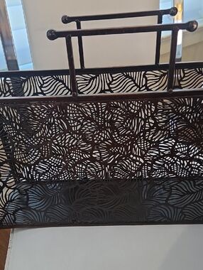 Decorative Metal Magazine Rack in Dark Brown. 18 Inches Long. 5 Inch Opening.